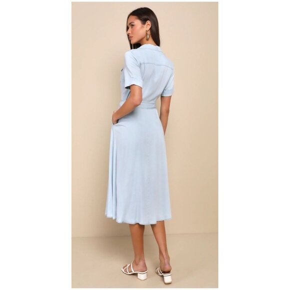 Lulu’s Blue Chambray Collared Midi Dress With Pockets Size M - Picture 3 of 8